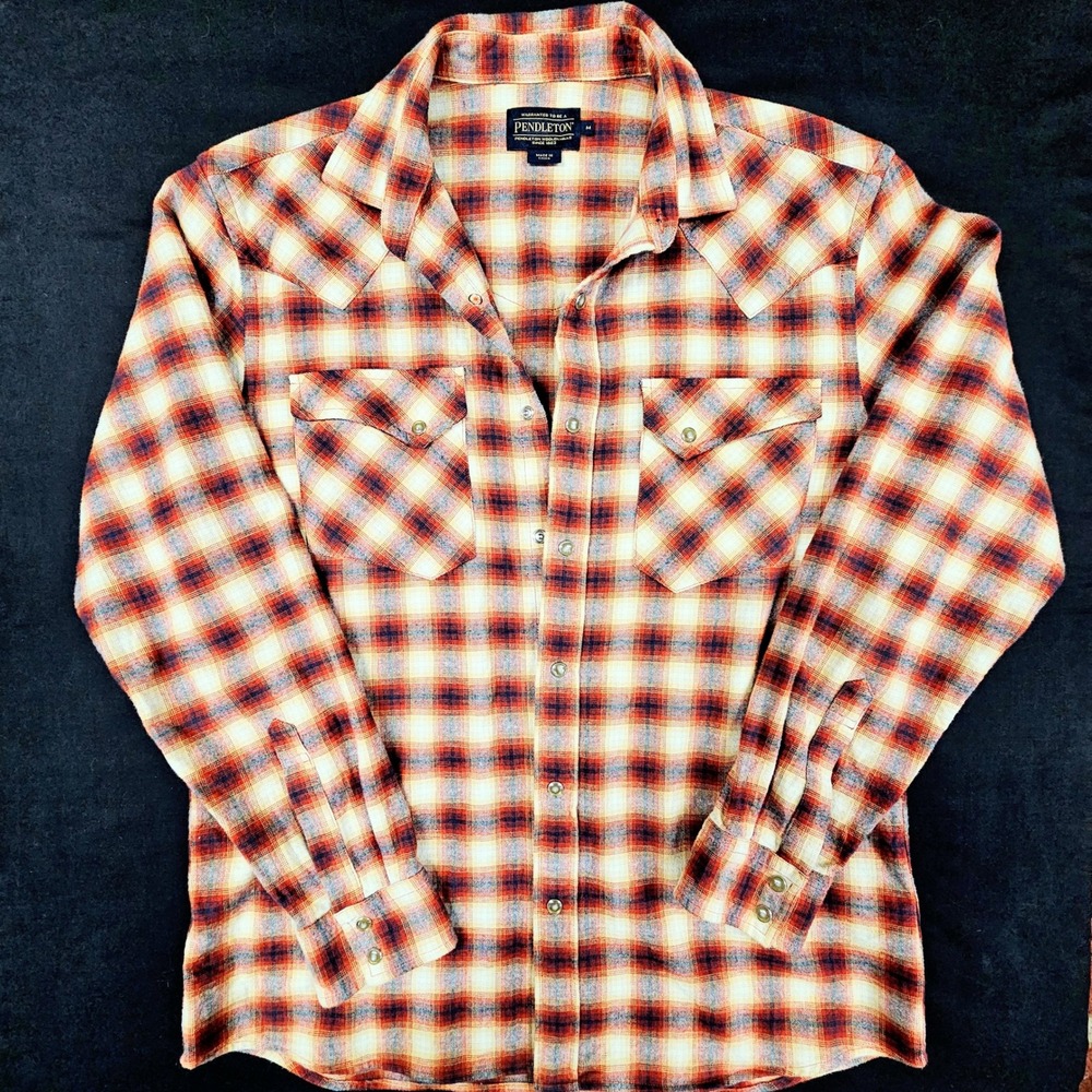 Pendleton Mens Western Snap Flannel Shirt M Red Cream Plaid Cotton RA547-79126